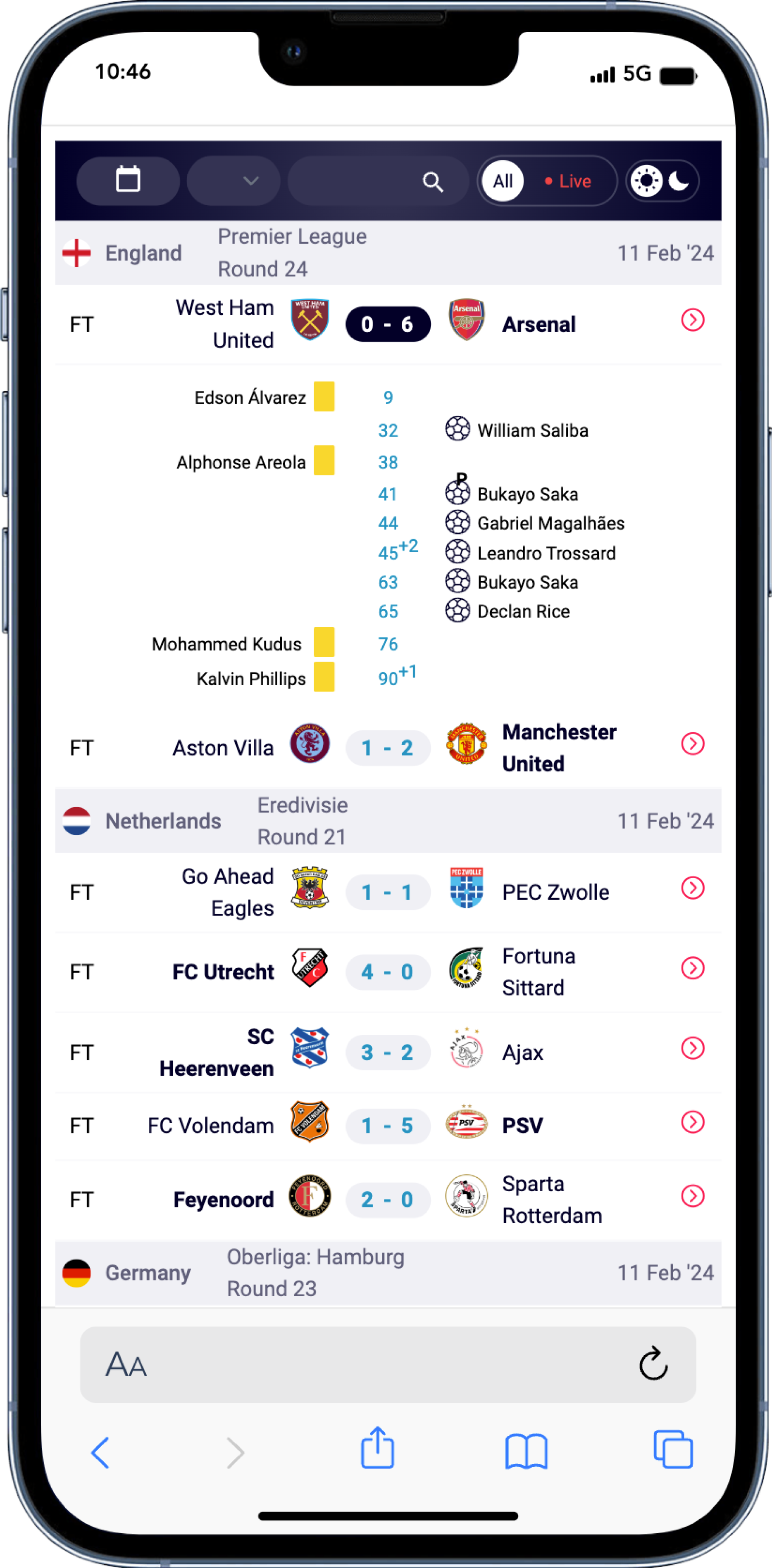 Livescores on mobile phone
